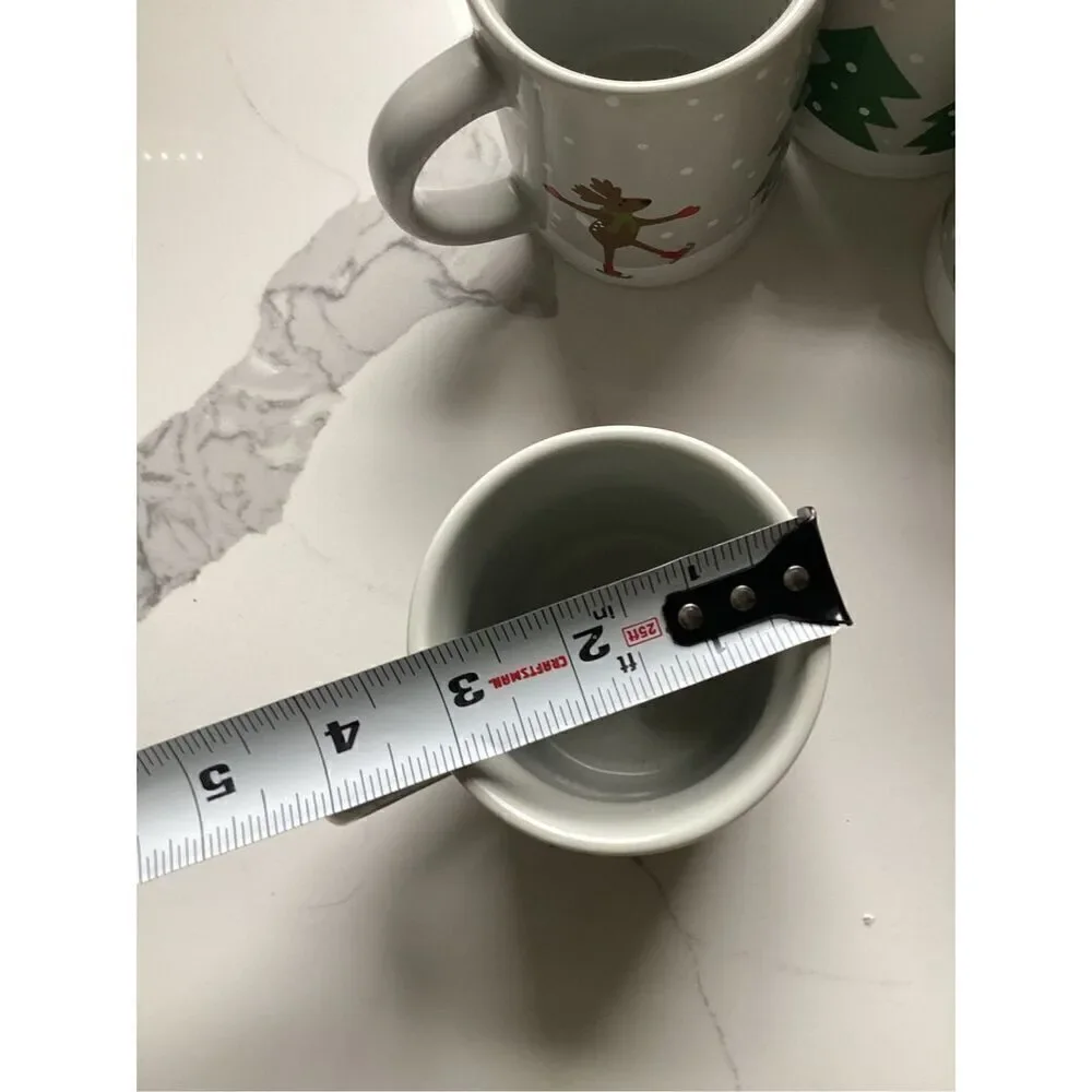 Set of 4 Crate & Barrel 12oz Ceramic Coffee Mugs Joan Anderson Skating Reindeer